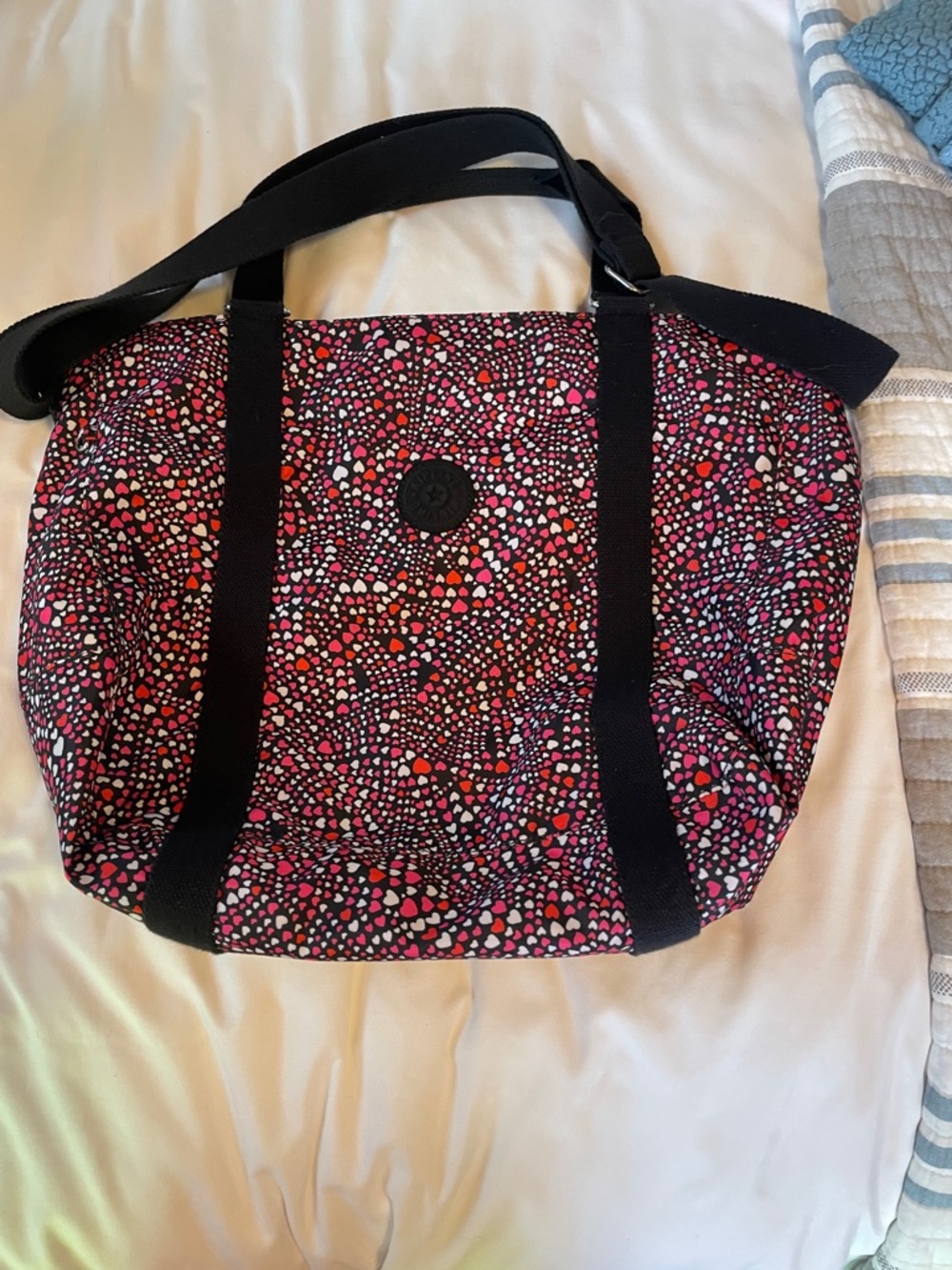 Kipling Pink Black Multi Heart-Print Travel Tote